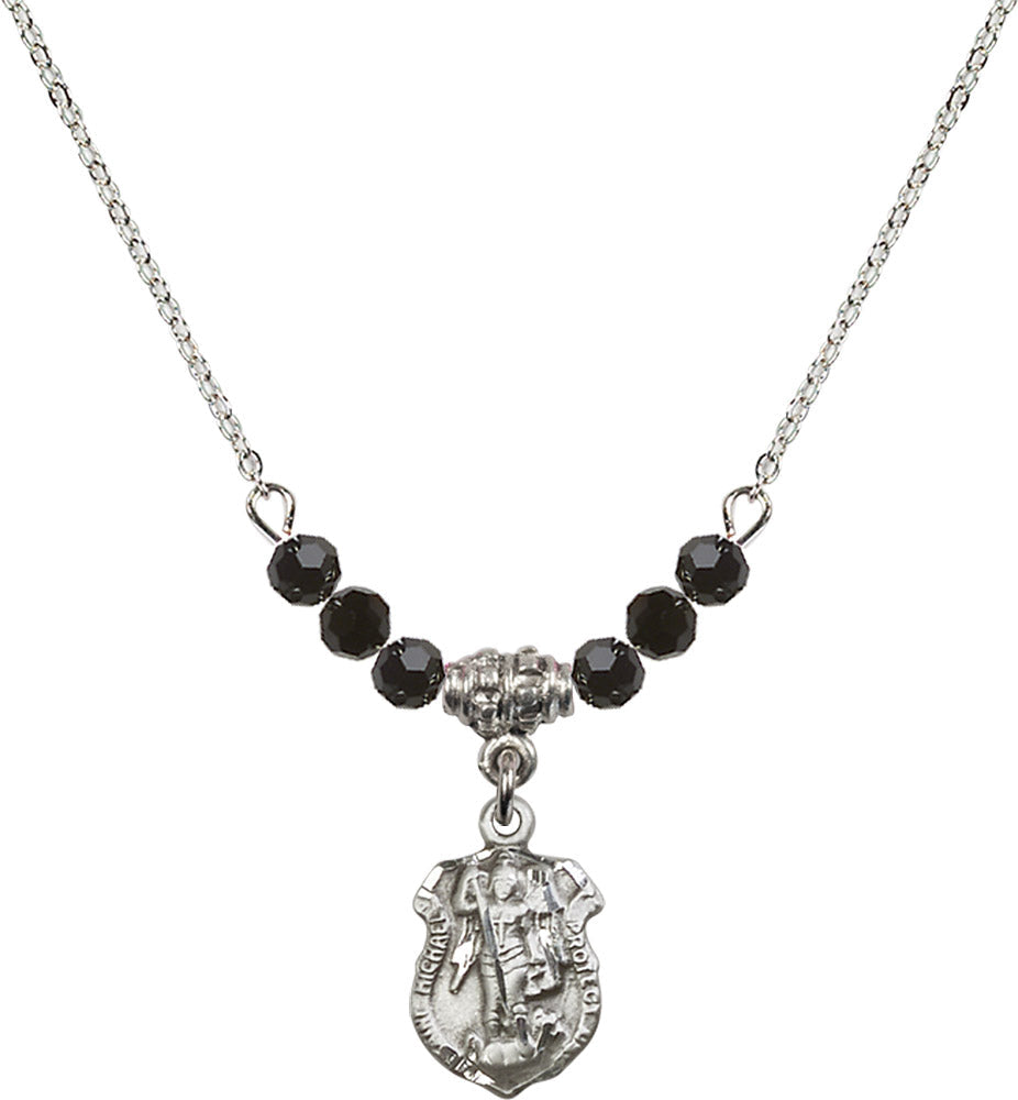 Sterling Silver Saint Michael the Archangel Birthstone Necklace with Jet Beads - 5699