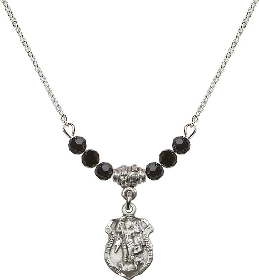 Sterling Silver Saint Michael the Archangel Birthstone Necklace with Jet Beads - 5699