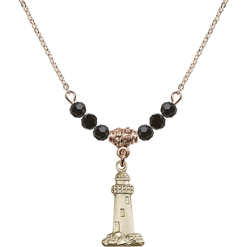 14kt Gold Filled Lighthouse Birthstone Necklace with Jet Beads - 5922