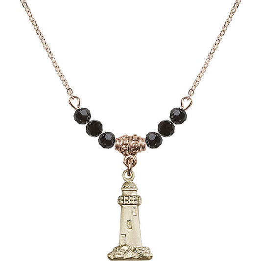 14kt Gold Filled Lighthouse Birthstone Necklace with Jet Beads - 5922