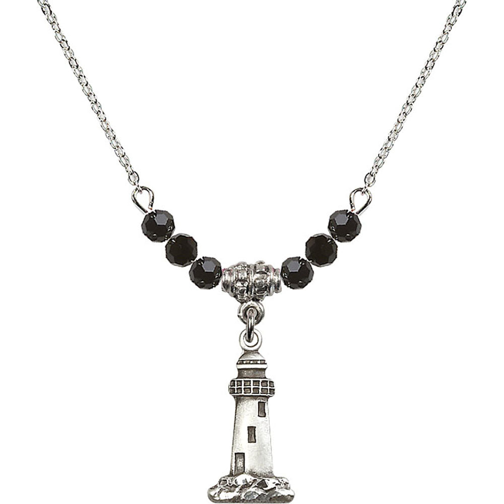 Sterling Silver Lighthouse Birthstone Necklace with Jet Beads - 5922