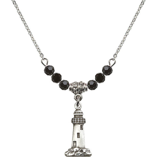 Sterling Silver Lighthouse Birthstone Necklace with Jet Beads - 5922