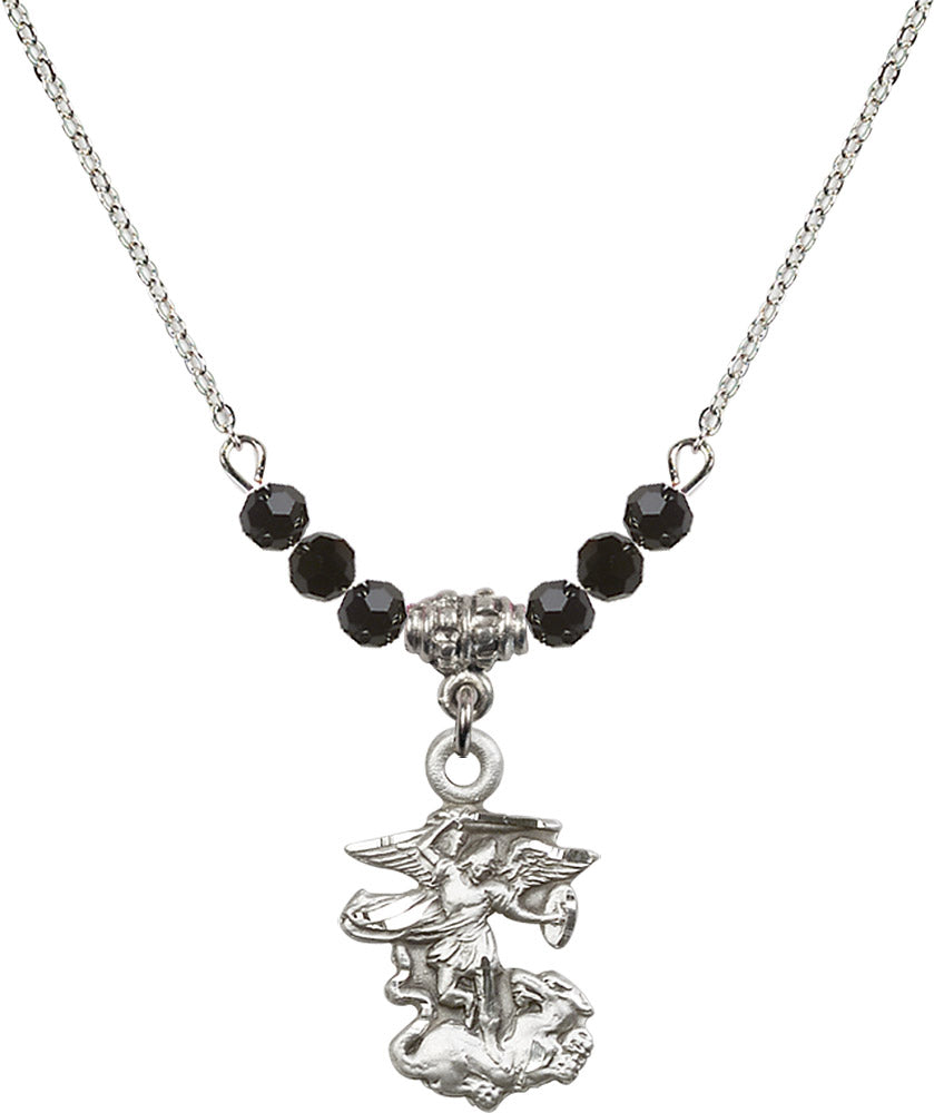 Sterling Silver Saint Michael the Archangel Birthstone Necklace with Jet Beads - 5940