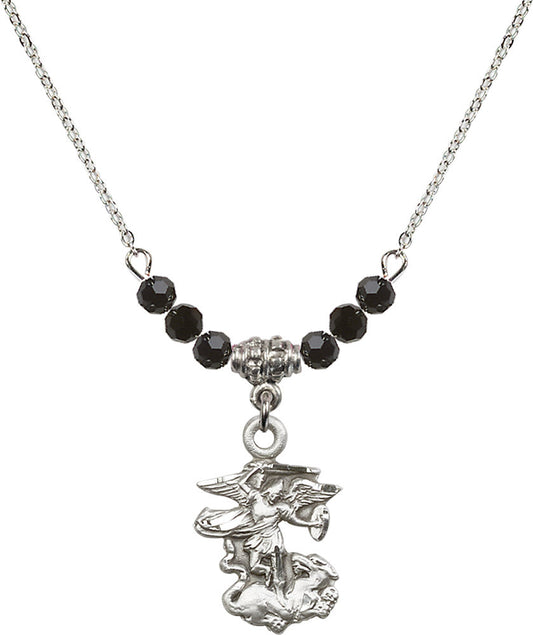 Sterling Silver Saint Michael the Archangel Birthstone Necklace with Jet Beads - 5940