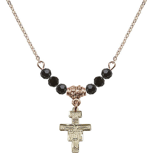 14kt Gold Filled San Damiano Crucifix Birthstone Necklace with Jet Beads - 6078