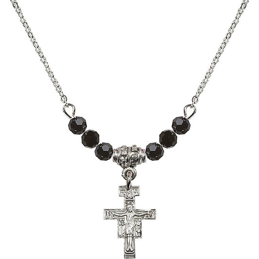 Sterling Silver San Damiano Crucifix Birthstone Necklace with Jet Beads - 6078