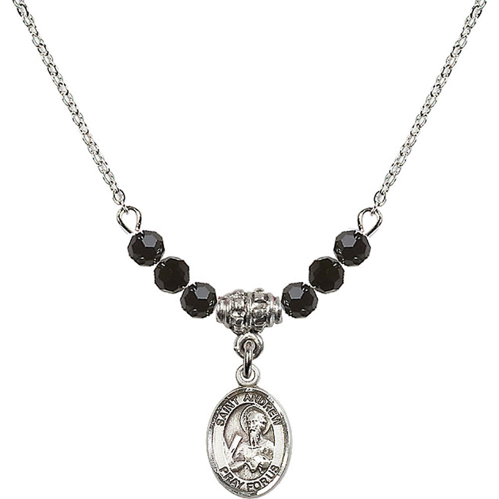 Sterling Silver Saint Andrew the Apostle Birthstone Necklace with Jet Beads - 9000