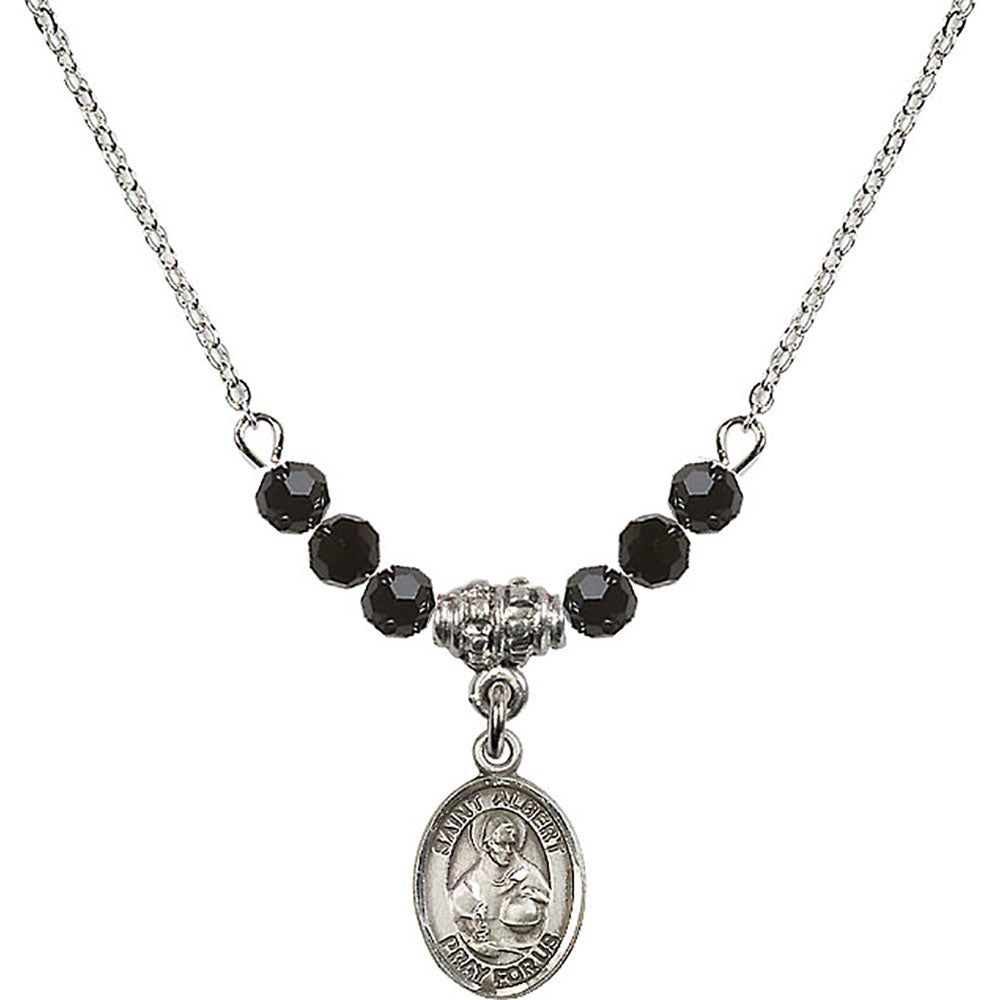 Sterling Silver Saint Albert the Great Birthstone Necklace with Jet Beads - 9001