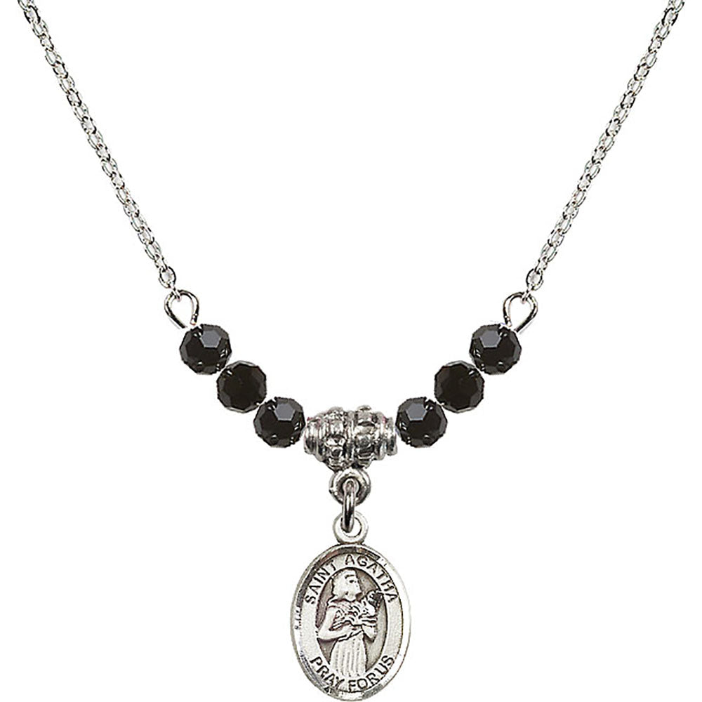 Sterling Silver Saint Agatha Birthstone Necklace with Jet Beads - 9003
