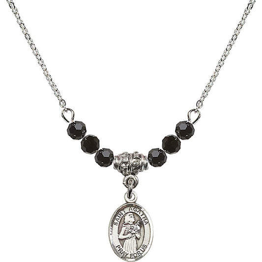 Sterling Silver Saint Agatha Birthstone Necklace with Jet Beads - 9003