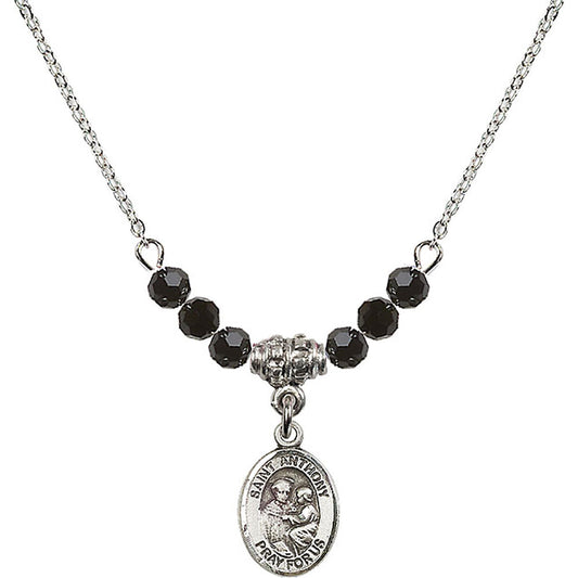 Sterling Silver Saint Anthony of Padua Birthstone Necklace with Jet Beads - 9004