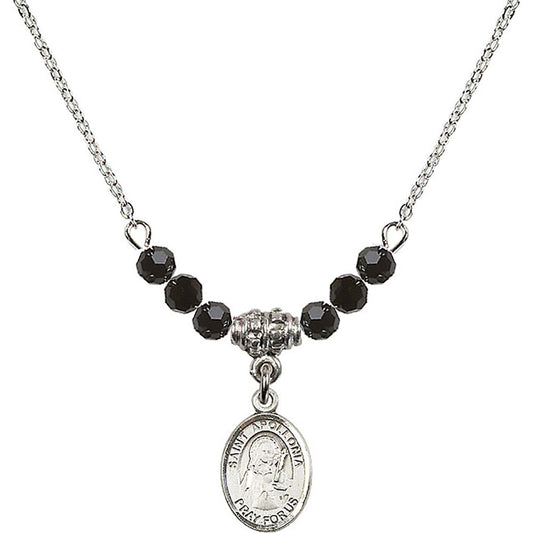 Sterling Silver Saint Apollonia Birthstone Necklace with Jet Beads - 9005