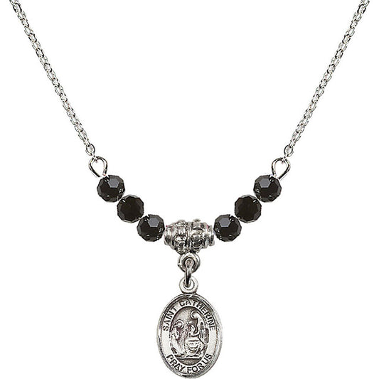 Sterling Silver Saint Catherine of Siena Birthstone Necklace with Jet Beads - 9014