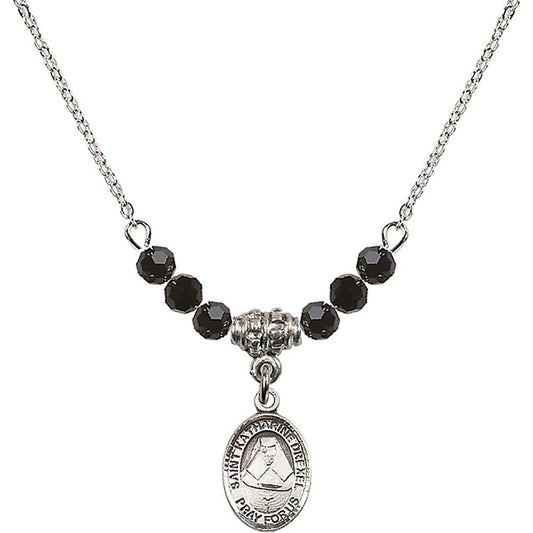Sterling Silver Saint Katharine Drexel Birthstone Necklace with Jet Beads - 9015