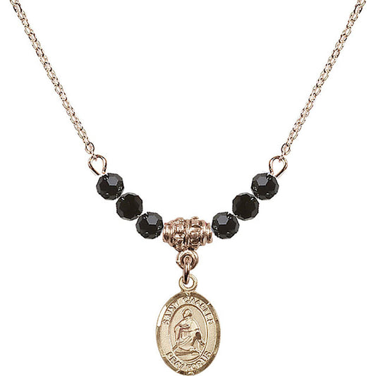 14kt Gold Filled Saint Charles Borromeo Birthstone Necklace with Jet Beads - 9020