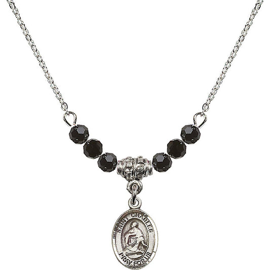 Sterling Silver Saint Charles Borromeo Birthstone Necklace with Jet Beads - 9020