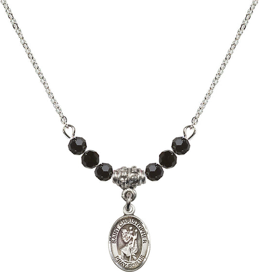Sterling Silver Saint Christopher Birthstone Necklace with Jet Beads - 9022