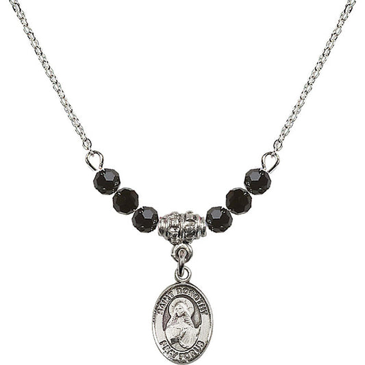 Sterling Silver Saint Dorothy Birthstone Necklace with Jet Beads - 9023