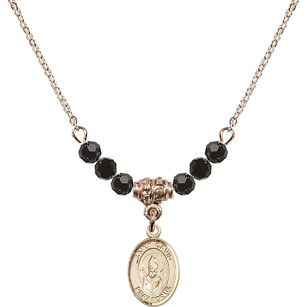 14kt Gold Filled Saint David of Wales Birthstone Necklace with Jet Beads - 9027