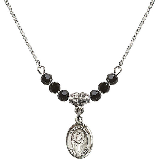 Sterling Silver Saint David of Wales Birthstone Necklace with Jet Beads - 9027