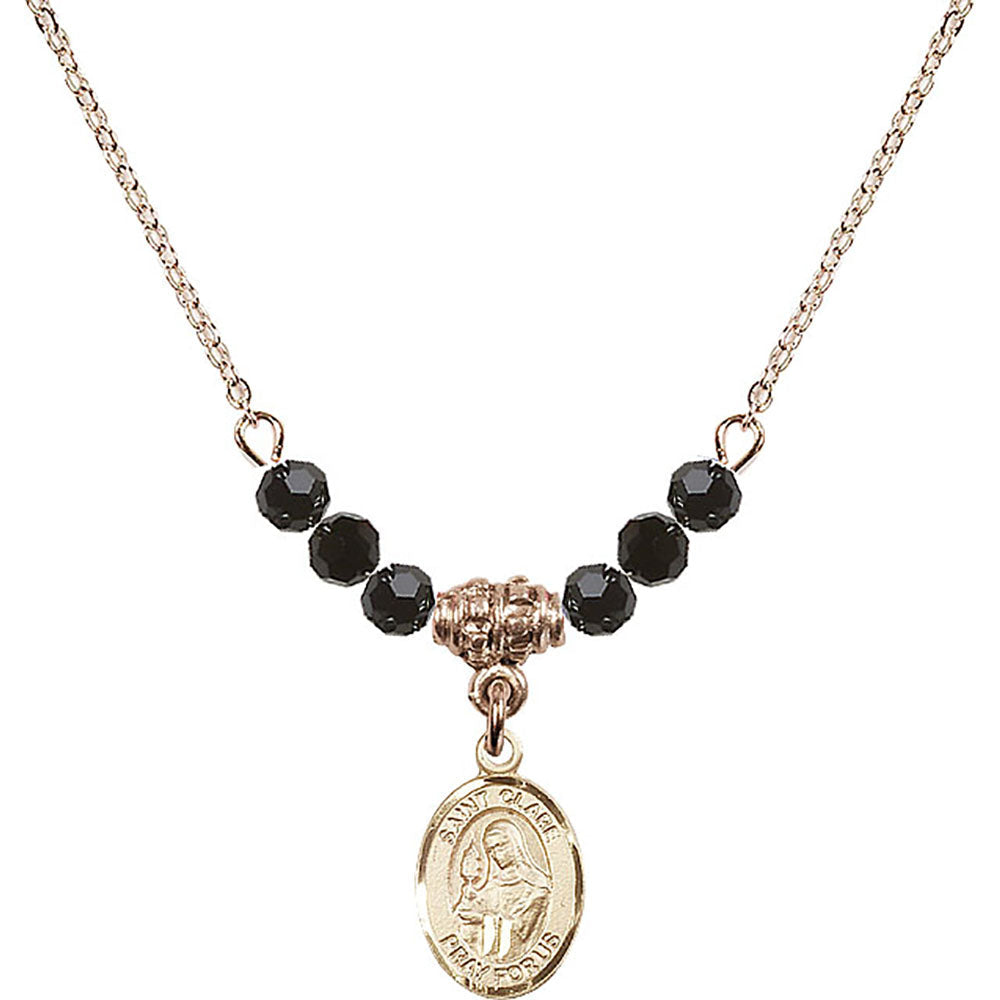 14kt Gold Filled Saint Clare of Assisi Birthstone Necklace with Jet Beads - 9028