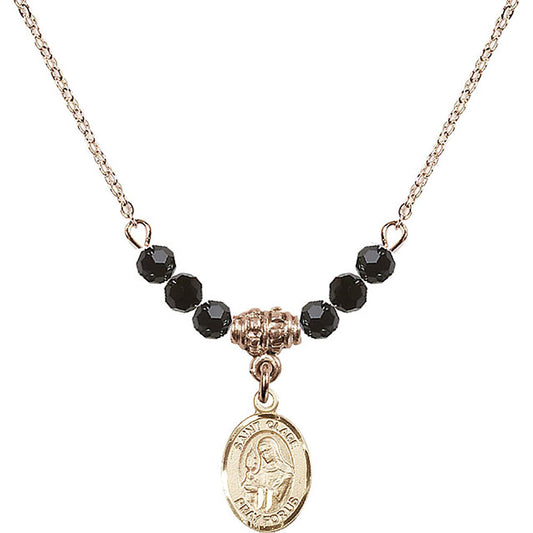 14kt Gold Filled Saint Clare of Assisi Birthstone Necklace with Jet Beads - 9028