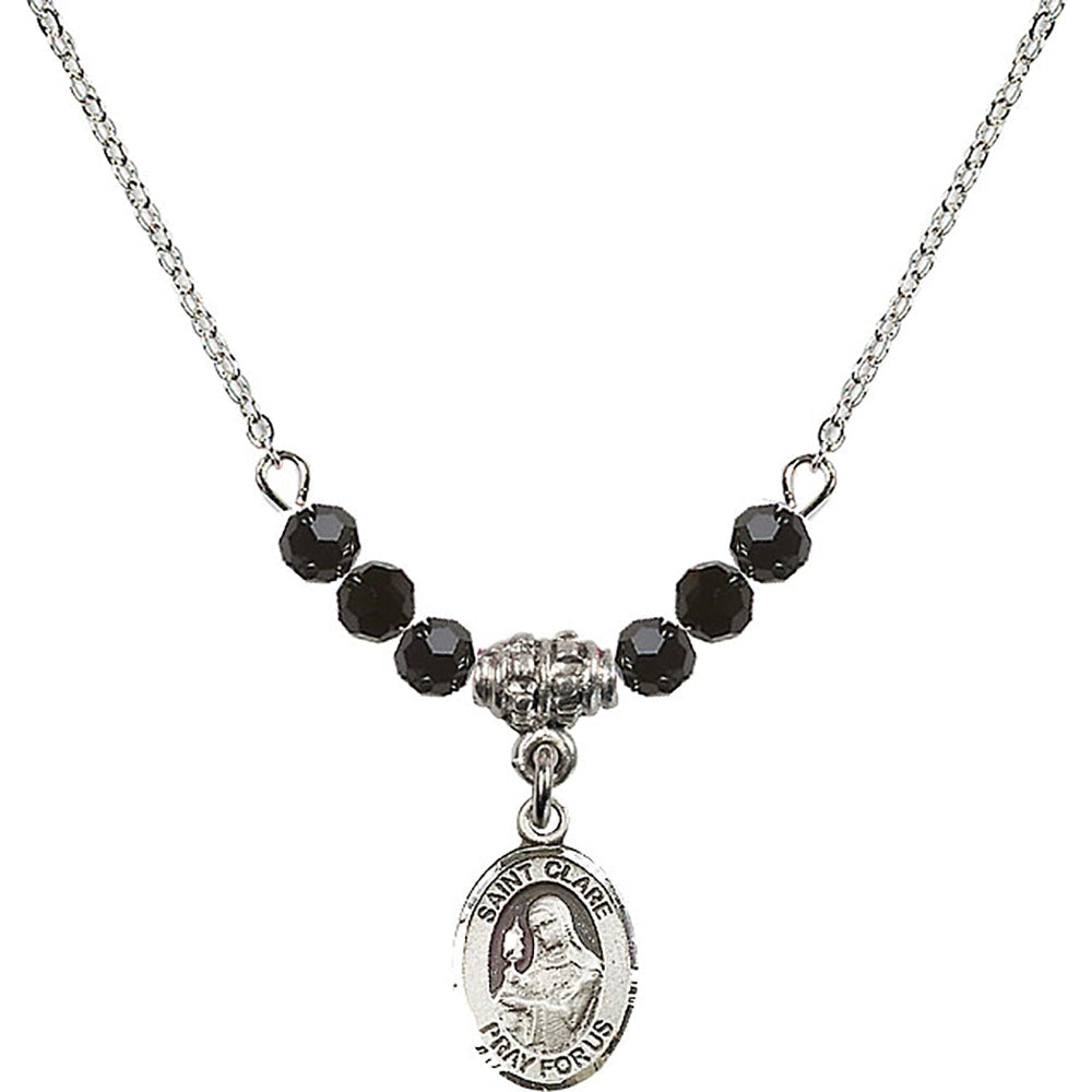 Sterling Silver Saint Clare of Assisi Birthstone Necklace with Jet Beads - 9028