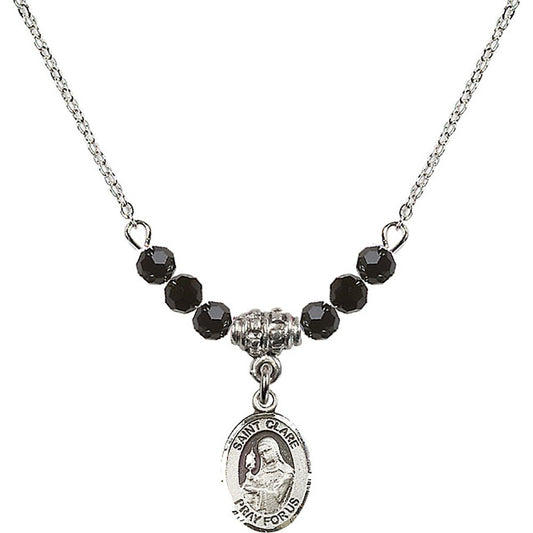 Sterling Silver Saint Clare of Assisi Birthstone Necklace with Jet Beads - 9028
