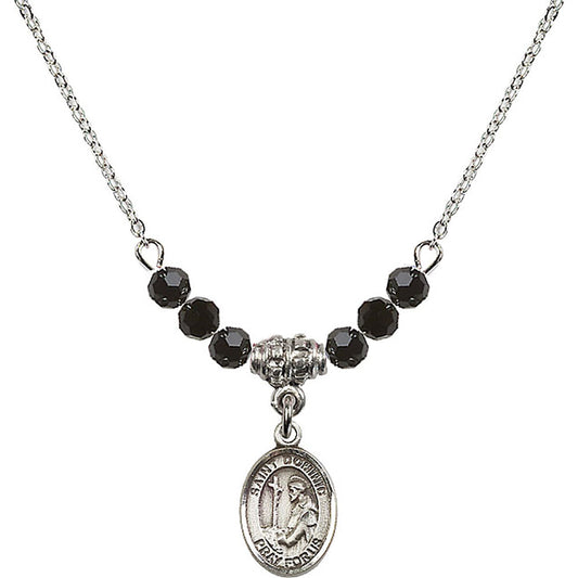 Sterling Silver Saint Dominic de Guzman Birthstone Necklace with Jet Beads - 9030