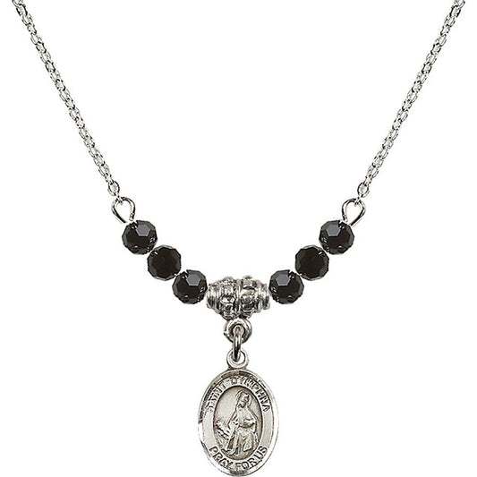 Sterling Silver Saint Dymphna Birthstone Necklace with Jet Beads - 9032