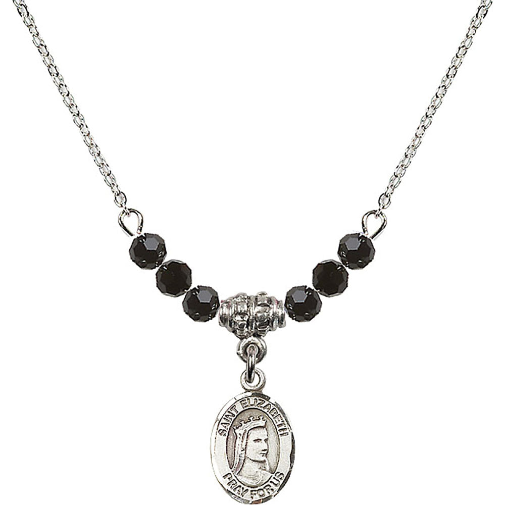 Sterling Silver Saint Elizabeth of Hungary Birthstone Necklace with Jet Beads - 9033