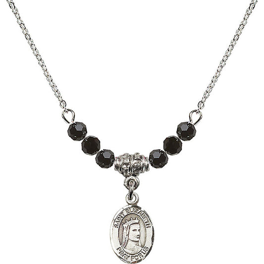 Sterling Silver Saint Elizabeth of Hungary Birthstone Necklace with Jet Beads - 9033