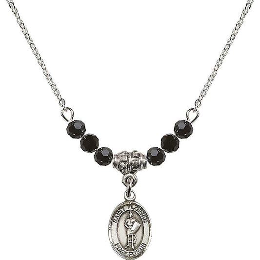 Sterling Silver Saint Florian Birthstone Necklace with Jet Beads - 9034