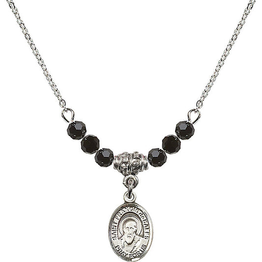 Sterling Silver Saint Francis de Sales Birthstone Necklace with Jet Beads - 9035
