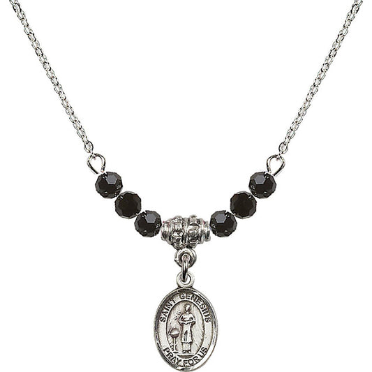 Sterling Silver Saint Genesius of Rome Birthstone Necklace with Jet Beads - 9038