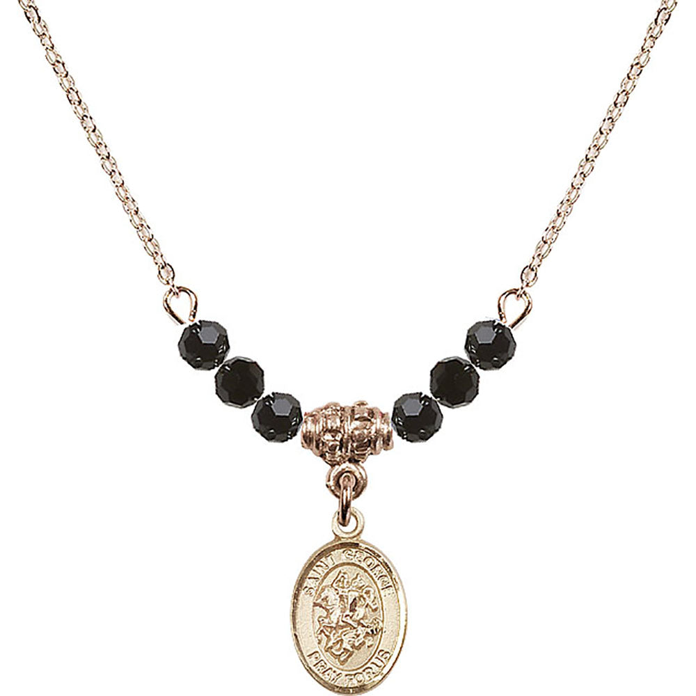 14kt Gold Filled Saint George Birthstone Necklace with Jet Beads - 9040