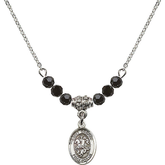 Sterling Silver Saint George Birthstone Necklace with Jet Beads - 9040
