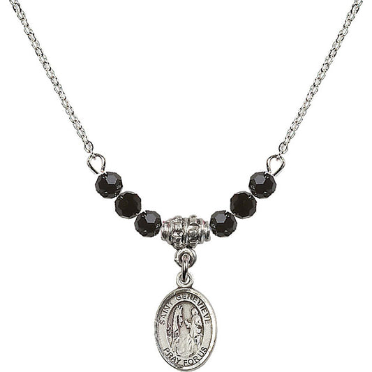Sterling Silver Saint Genevieve Birthstone Necklace with Jet Beads - 9041