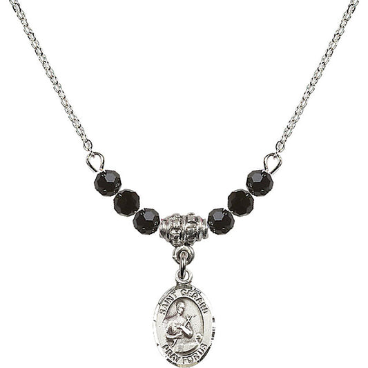 Sterling Silver Saint Gerard Majella Birthstone Necklace with Jet Beads - 9042
