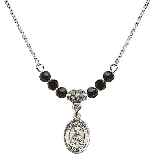 Sterling Silver Saint Henry II Birthstone Necklace with Jet Beads - 9046