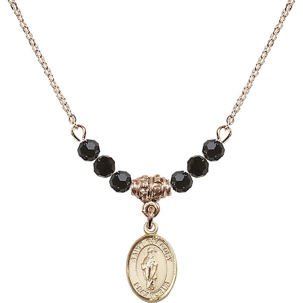 14kt Gold Filled Saint Gregory the Great Birthstone Necklace with Jet Beads - 9048