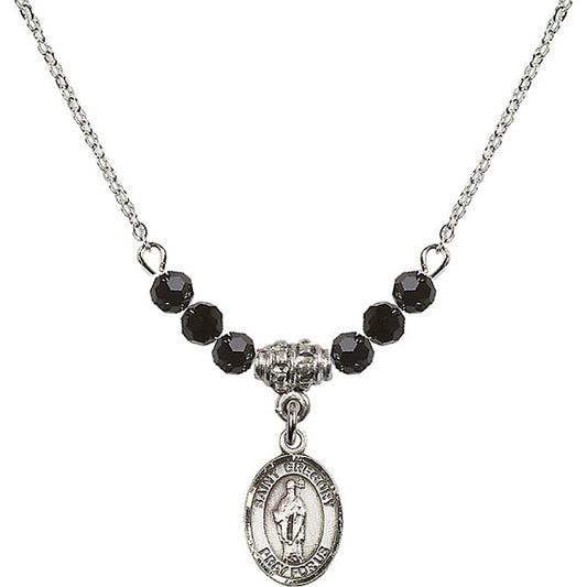 Sterling Silver Saint Gregory the Great Birthstone Necklace with Jet Beads - 9048