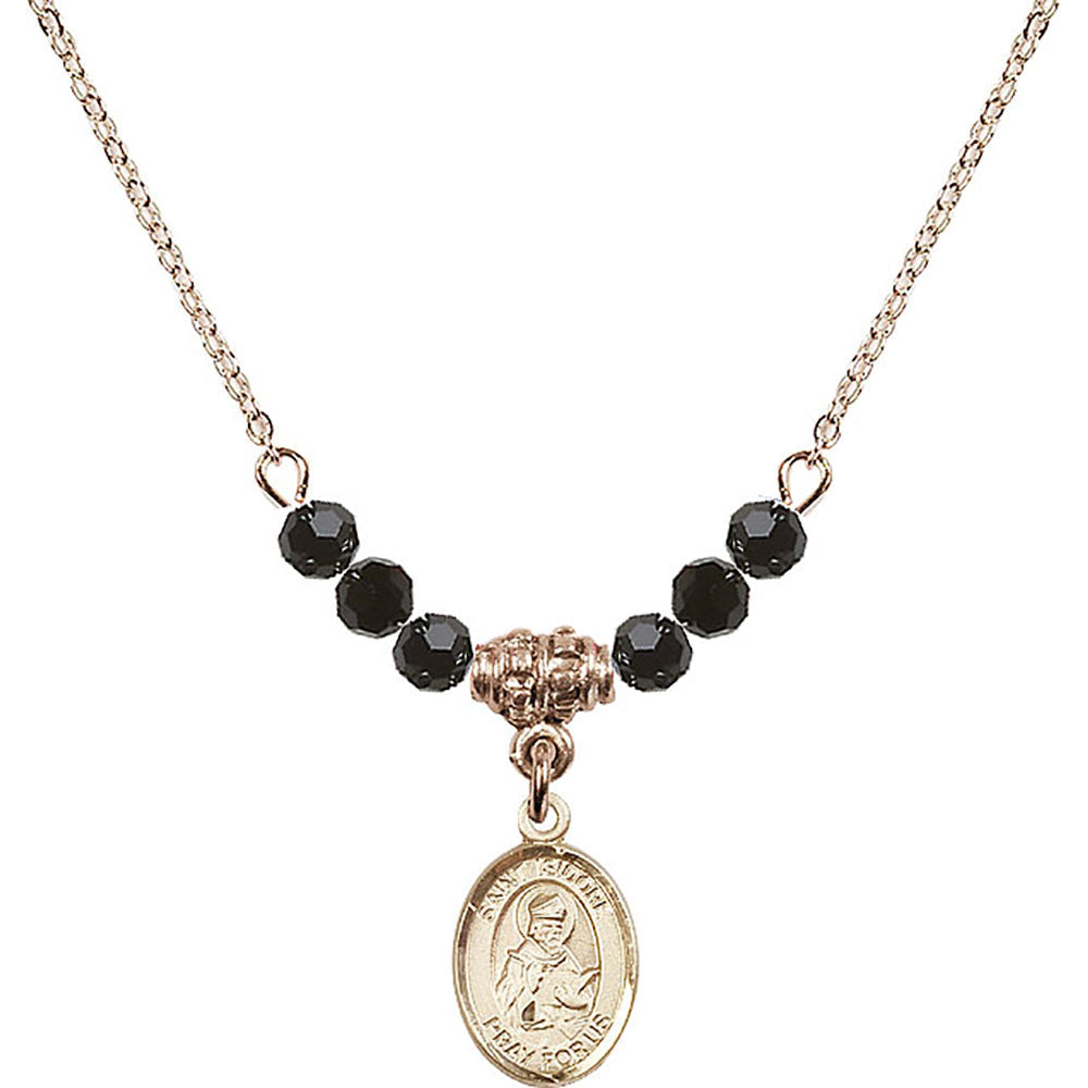 14kt Gold Filled Saint Isidore of Seville Birthstone Necklace with Jet Beads - 9049