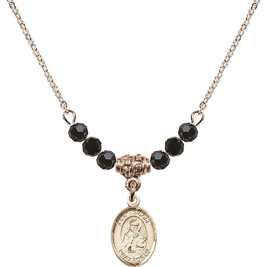 14kt Gold Filled Saint Isidore of Seville Birthstone Necklace with Jet Beads - 9049