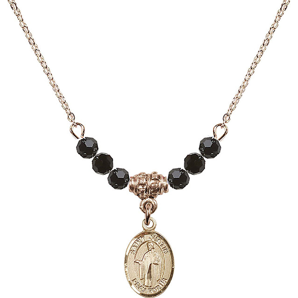 14kt Gold Filled Saint Justin Birthstone Necklace with Jet Beads - 9052
