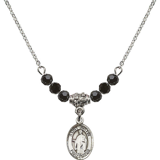 Sterling Silver Saint Justin Birthstone Necklace with Jet Beads - 9052