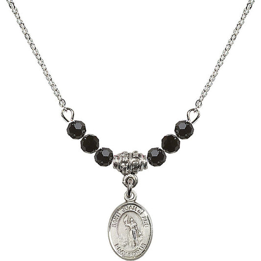 Sterling Silver Saint Joan of Arc Birthstone Necklace with Jet Beads - 9053