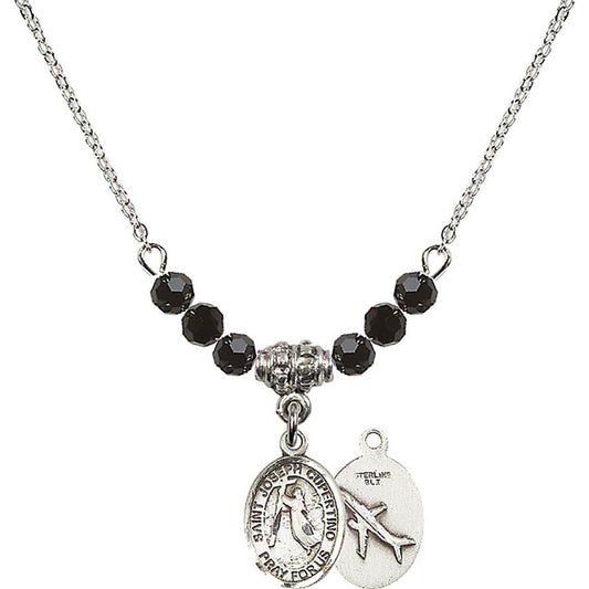 Sterling Silver Saint Joseph of Cupertino Birthstone Necklace with Jet Beads - 9057