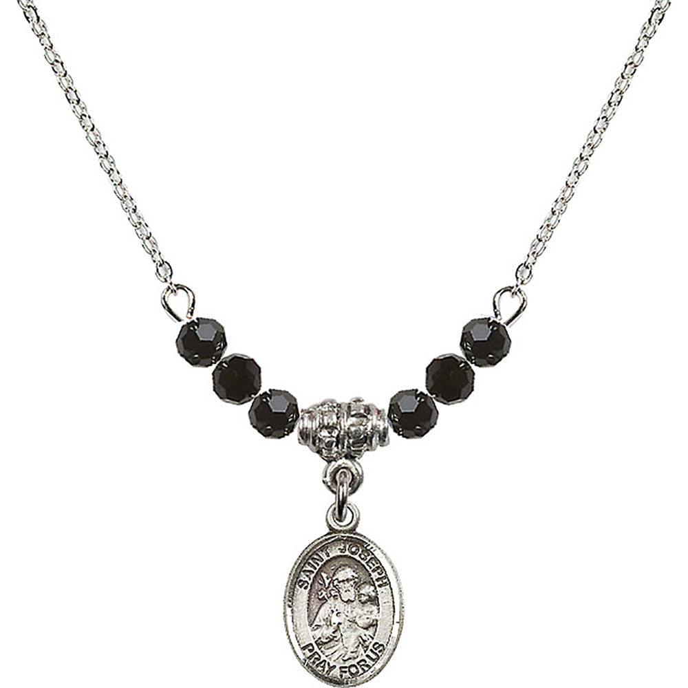 Sterling Silver Saint Joseph Birthstone Necklace with Jet Beads - 9058