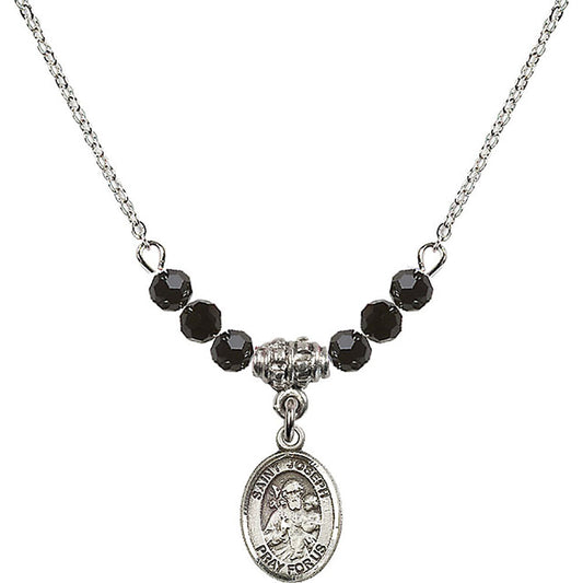 Sterling Silver Saint Joseph Birthstone Necklace with Jet Beads - 9058